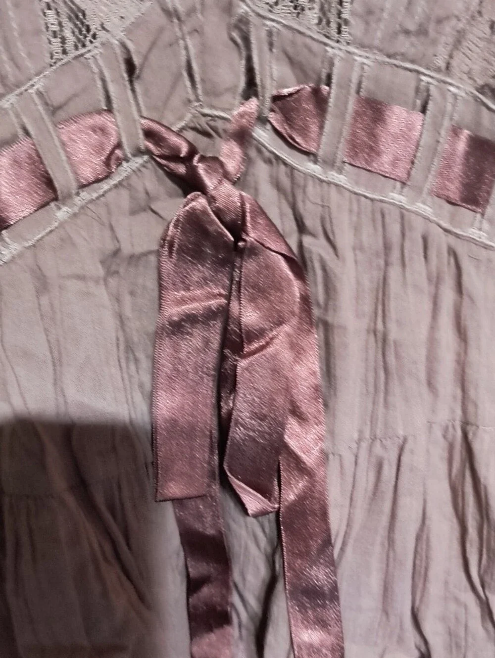 Free People Dusty Rose Lace-Trim Peasant Top with Satin Tie